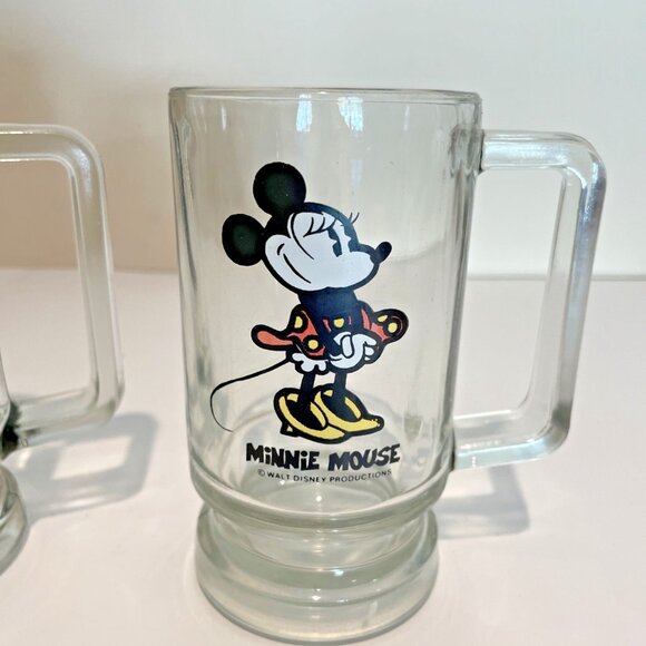 Vintage Walt Disney Minnie Mouse Pedestal Mugs Glasses Clear Handle Set of 2 - Picture 3 of 8